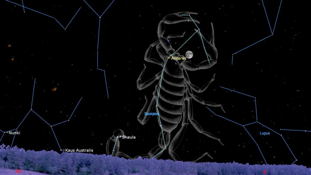 See the moon shine with famous red star Antares in the southern sky on June 9
