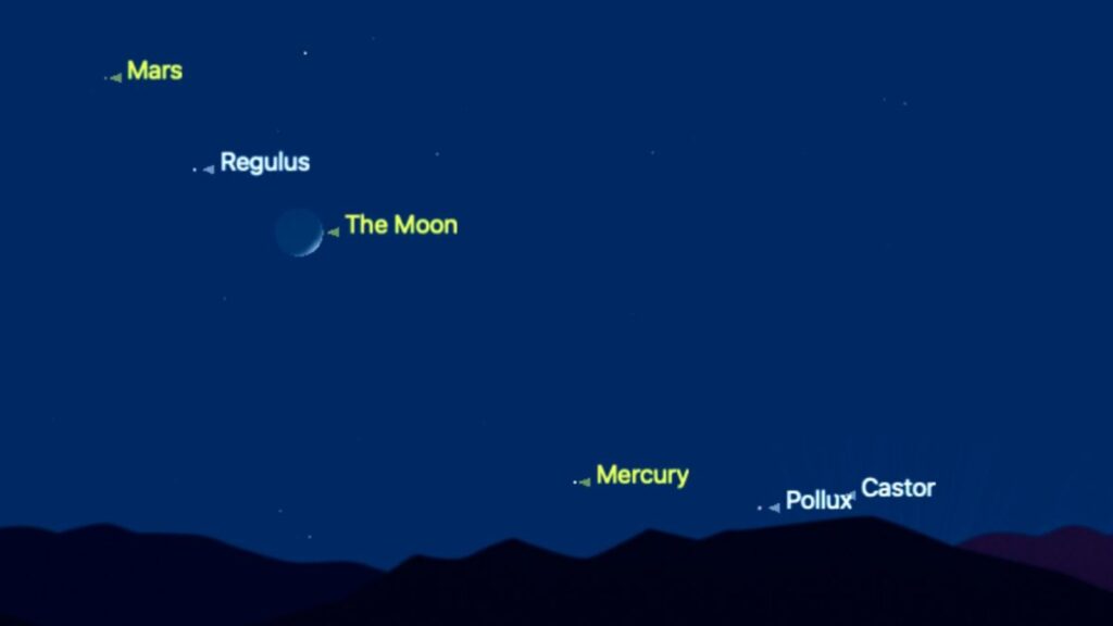 See the crescent moon dance with Mars and the bright star Regulus this weekend